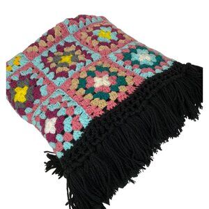 Handmade Multicolor Crochet Granny Square Afghan Throw Lap Blanket Black Fringe